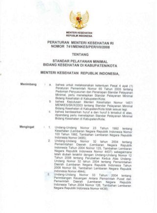 SKD 04 - Permenkes 741 thn 2008 ttg Standar Pelayanan Mnimal Bidang Kesehatan di Kabupaten Kota