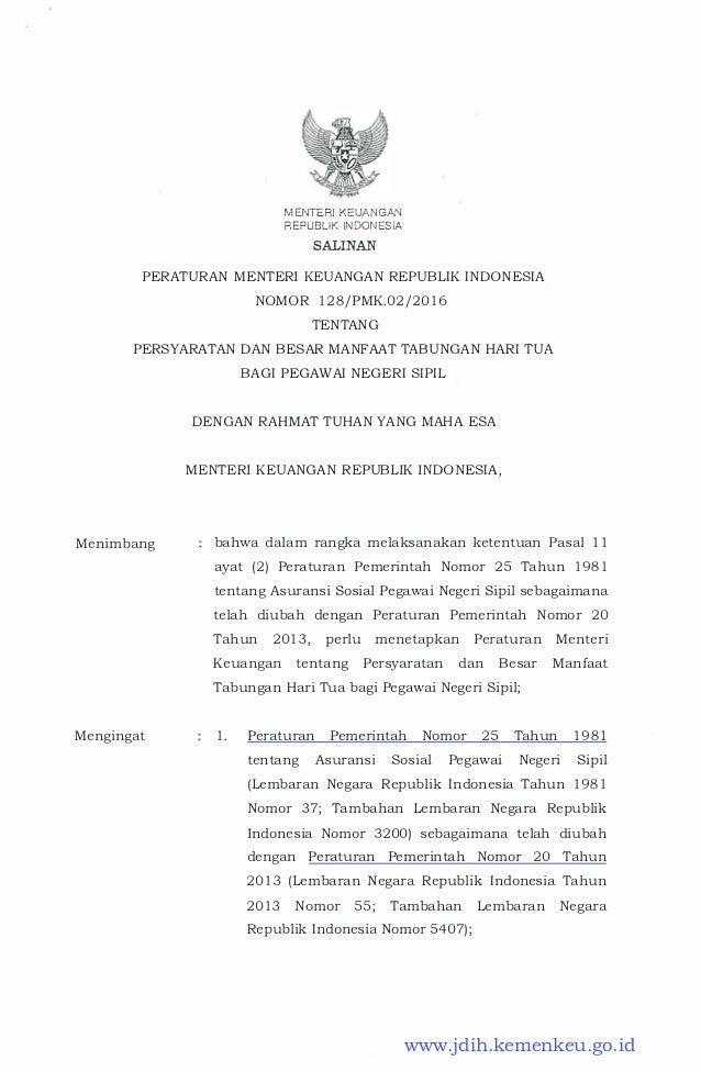 Permenkeu Nomor 128 Pmk 02 2016 Tentang Persyaratan Dan Besar Manfaat