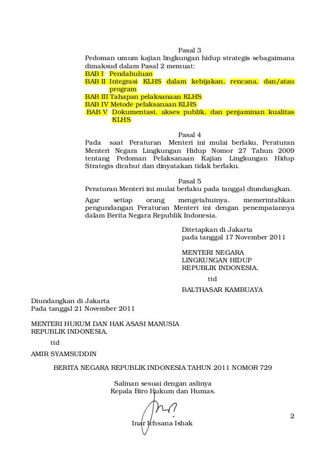 Permen Lh 09 2011 Pedoman Umum Kajian Lingkungan Hidup Strategis Klh