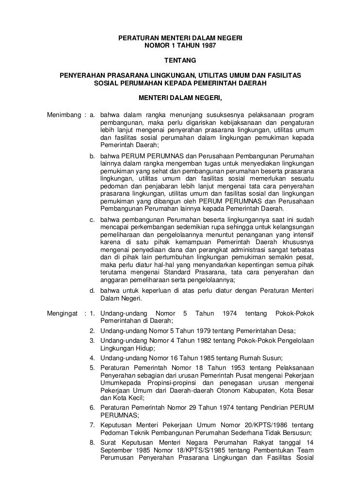 Permen Dalam Negeri No 1 Tahun 1987 Tentang Penyerahan Prasarana Lin