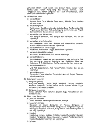 Campuran, Hutan, Tanah Kolam Ikan, Danau/ Rawa, Sungai, Tanah
Tandus/Rusak, Tanah Alang-Alang dan Padang Rumput, Tanah
Penggunaan Lain, Tanah Bangunan dan Tanah Pertambangan, tanah
badan jalan dan lain-lain sejenisnya.
2) Peralatan dan Mesin
a) alat-alat besar
Alat-alat Besar Darat, Alat-alat Besar Apung. Alat-alat Bantu dan lain-
lain sejenisnya.
b) alat-alat angkutan
Alat Angkutan Darat Bermotor, Alat Angkutan Darat Tak Bermotor, Alat
Angkut Apung Bermotor, Alat Angkut Apung tak Bermotor, Alat Angkut
Bermotor Udara, dan lain-lainnya sejenisnya.
c) alat-alat bengkel dan alat ukur
Alat Bengkel Bermotor, Alat Bengkel Tak Bermotor, dan lain-lain
sejenisnya.
d) alat-alat pertanian/peternakan
Alat Pengolahan Tanah dan Tanaman, Alat Pemeliharaan Tanaman
/Pasca Penyimpanan dan lain-lain sejenisnya.
e) alat-alat kantor dan rumah tangga
Alat Kantor, Alat Rumah Tangga, dan lain-lain sejenisnya.
f) alat studio dan alat komunikasi
Alat Studio, Alat Komunikasi dan lain-lain sejenisnya.
g) alat-alat kedokteran
Alat Kedokteran seperti Alat Kedokteran Umum, Alat Kedokteran Gigi,
Alat Kedokteran Keluarga Berencana, Alat Kedokteran Mata, Alat
Kedokteran THT, Alat Rontgen, Alat Farmasi, dan lain-lain sejenisnya.
h) alat-alat laboratorium
Unit Alat Laboratorium, Alat Peraga/Praktek Sekolah dan lain-lain
sejenisnya.
i) alat-alat keamanan
Senjata Api, Persenjatan Non Senjata Api, Amunisi, Senjata Sinar dan
lain-lain sejenisnya.
3) Gedung dan bangunan
a) bangunan gedung
Bangunan Gedung Tempat Kerja, Bangunan Gedung, Bangunan
Instalansi, Bangunan Gedung Tempat Ibadah, Rumah Tempat Tinggal
dan gedung lainnya yang sejenis.
b) bangunan monumen
Candi, Monumen Alam, Monumen Sejarah, Tugu Peringatan dan lain-
lain sejenisnya.
4) Jalan, irigasi dan jaringan
a) jalan dan jembatan
Jalan, Jembatan, terowongan dan lain-lain jenisnya.
b) bangunan air/irigasi
Bangunan air irigasi, Bangunan air Pasang, Bangunan air
Pengembangan rawa dan Polde, Bangunan Air Penganan Surya dan
Penanggul, Bangunan air minum, Bangunan air kotor dan Bangunan Air
lain yang sejenisnya.
c) instalasi
Instalasi Air minum, Instalasi Air Kotor, Instalasi Pengolahan Sampah,
Instalasi Pengolahan Bahan Bangunan, Instalasi Pembangkit Listrik,
Instalasi Gardu Listrik dan lain-lain sejenisnya.
d) jaringan
 