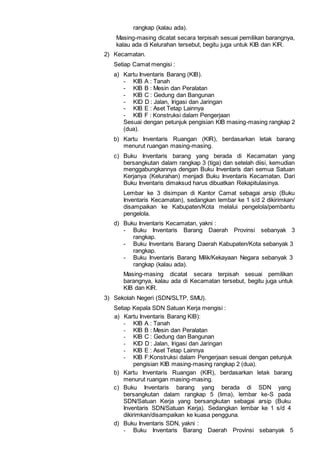 rangkap (kalau ada).
Masing-masing dicatat secara terpisah sesuai pemilikan barangnya,
kalau ada di Kelurahan tersebut, begitu juga untuk KIB dan KIR.
2) Kecamatan.
Setiap Camat mengisi :
a) Kartu Inventaris Barang (KIB).
- KIB A : Tanah
- KIB B : Mesin dan Peralatan
- KIB C : Gedung dan Bangunan
- KID D : Jalan, Irigasi dan Jaringan
- KIB E : Aset Tetap Lainnya
- KIB F : Konstruksi dalam Pengerjaan
Sesuai dengan petunjuk pengisian KIB masing-masing rangkap 2
(dua).
b) Kartu Inventaris Ruangan (KIR), berdasarkan letak barang
menurut ruangan masing-masing.
c) Buku Inventaris barang yang berada di Kecamatan yang
bersangkutan dalam rangkap 3 (tiga) dan setelah diisi, kemudian
menggabungkannya dengan Buku Inventaris dari semua Satuan
Kerjanya (Kelurahan) menjadi Buku Inventaris Kecamatan. Dari
Buku Inventaris dimaksud harus dibuatkan Rekapitulasinya.
Lembar ke 3 disimpan di Kantor Camat sebagai arsip (Buku
Inventaris Kecamatan), sedangkan lembar ke 1 s/d 2 dikirimkan/
disampaikan ke Kabupaten/Kota melalui pengelola/pembantu
pengelola.
d) Buku Inventaris Kecamatan, yakni :
- Buku Inventaris Barang Daerah Provinsi sebanyak 3
rangkap.
- Buku Inventaris Barang Daerah Kabupaten/Kota sebanyak 3
rangkap.
- Buku Inventaris Barang Milik/Kekayaan Negara sebanyak 3
rangkap (kalau ada).
Masing-masing dicatat secara terpisah sesuai pemilikan
barangnya, kalau ada di Kecamatan tersebut, begitu juga untuk
KIB dan KIR.
3) Sekolah Negeri (SDN/SLTP, SMU).
Setiap Kepala SDN Satuan Kerja mengisi :
a) Kartu Inventaris Barang KlB):
- KIB A : Tanah
- KIB B : Mesin dan Peralatan
- KIB C : Gedung dan Bangunan
- KID D : Jalan, Irigasi dan Jaringan
- KIB E : Aset Tetap Lainnya
- KIB F:Konstruksi dalam Pengerjaan sesuai dengan petunjuk
pengisian KIB masing-masing rangkap 2 (dua).
b) Kartu Inventaris Ruangan (KIR), berdasarkan letak barang
menurut ruangan masing-masing.
c) Buku Inventaris barang yang berada di SDN yang
bersangkutan dalam rangkap 5 (lima), lembar ke-S pada
SDN/Satuan Kerja yang bersangkutan sebagai arsip (Buku
Inventaris SDN/Satuan Kerja). Sedangkan lembar ke 1 s/d 4
dikirimkan/disampaikan ke kuasa pengguna.
d) Buku Inventaris SDN, yakni :
- Buku Inventaris Barang Daerah Provinsi sebanyak 5
 