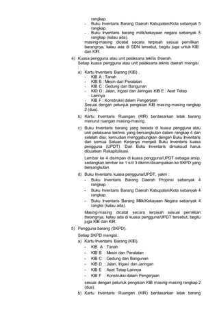 rangkap.
- Buku Inventaris Barang Daerah Kabupaten/Kota sebanyak 5
rangkap.
- Buku Inventaris barang milik/kekayaan negara sebanyak 5
rangkap (kalau ada).
masing-masing dicatat secara terpisah sesuai pemilikan
barangnya, kalau ada di SDN tersebut, begitu juga untuk KIB
dan KIR.
4) Kuasa pengguna atau unit pelaksana teknis Daerah.
Setiap kuasa pengguna atau unit pelaksana teknis daerah mengisi
:
a) Kartu Inventaris Barang (KIB) .
- KIB A : Tanah
- KIB B : Mesin dari Peralatan
- KIB C : Gedung dan Bangunan
- KID D : Jalan, Irigasi dan Jaringan KIB E : Aset Tetap
Lainnya
- KIB F : Konstruksi dalam Pengerjaan
Sesuai dengan petunjuk pengisian KIB masing-masing rangkap
2 (dua).
b) Kartu Inventaris Ruangan (KIR) berdasarkan letak barang
menurut ruangan masing-masing.
c) Buku Inventaris barang yang berada di kuasa pengguna atau
unit pelaksana tekhnis yang bersangkutan dalam rangkap 4 dan
setelah diisi, kemudian menggabungkan dengan Buku Inventaris
dari semua Satuan Kerjanya menjadi Buku Inventaris kuasa
pengguna (UPDT). Dari Buku Inventaris dimaksud harus
dibuatkan Rekapitulisasi.
Lembar ke 4 disimpan di kuasa pengguna/UPDT sebagai arsip,
sedangkan lembar ke 1 s/d 3 dikirim/disampaikan ke SKPD yang
bersangkutan.
d) Buku Inventaris kuasa pengguna/UPDT, yakni :
- Buku Inventaris Barang Daerah Propinsi sebanyak 4
rangkap.
- Buku Inventaris Barang Daerah Kabupaten/Kota sebanyak 4
rangkap.
- Buku Inventaris Barang Milik/Kekayaan Negara sebanyak 4
rangka (kalau ada).
Masing-masing dicatat secara terpisah sesuai pemilikan
barangnya, kalau ada di kuasa pengguna/UPDT tersebut, begitu
juga KIB dan KIR.
5) Pengguna barang (SKPD).
Setiap SKPD mengisi:
a) Kartu Inventaris Barang (KIB).
- KIB A : Tanah
- KIB B : Mesin dan Peralatan
- KIB C : Gedung dan Bangunan
- KIB D : Jalan, Irigasi dan Jaringan
- KIB E : Aset Tetap Lainnya
- KIB F : Konstruksi dalam Pengerjaan
sesuai dengan petunuk pengisian KIB masing-masing rangkap 2
(dua).
b) Kartu Inventaris Ruangan (KIR) berdasarkan letak barang
 