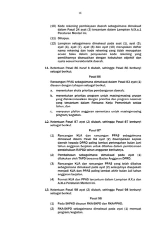 16



   (10) Kode rekening pembiayaan daerah sebagaimana dimaksud
        dalam Pasal 24 ayat (3) tercantum dalam Lampiran A.IX.a.1
        Peraturan Menteri ini.
   (11) Dihapus.
   (12) Lampiran sebagaimana dimaksud pada ayat (1), ayat (3),
        ayat (4), ayat (7), ayat (8) dan ayat (10) merupakan daftar
        nama rekening dan kode rekening yang tidak merupakan
        acuan baku dalam penyusunan kode rekening yang
        pemilihannya disesuaikan dengan kebutuhan objektif dan
        nyata sesuai karakteristik daerah.

11. Ketentuan Pasal 86 huruf b diubah, sehingga Pasal 86 berbunyi
    sebagai berikut:
                               Pasal 86
   Rancangan PPAS sebagaimana dimaksud dalam Pasal 83 ayat (1)
   disusun dengan tahapan sebagai berikut:
   a. menentukan skala prioritas pembangunan daerah;
   b. menentukan prioritas program untuk masing-masing urusan
      yang disinkronisasikan dengan prioritas dan program nasional
      yang tercantum dalam Rencana Kerja Pemerintah setiap
      tahun; dan
   c.    menyusun plafon anggaran sementara untuk masing-masing
         program/kegiatan.

12. Ketentuan Pasal 87 ayat (2) diubah, sehingga Pasal 87 berbunyi
    sebagai berikut:
                               Pasal 87
   (1)    Rancangan KUA dan rancangan PPAS sebagaimana
          dimaksud dalam Pasal 84 ayat (2) disampaikan kepala
          daerah kepada DPRD paling lambat pertengahan bulan Juni
          tahun anggaran berjalan untuk dibahas dalam pembicaraan
          pendahuluan RAPBD tahun anggaran berikutnya.
   (2)    Pembahasan sebagaimana dimaksud pada ayat             (1)
          dilakukan oleh TAPD bersama Badan Anggaran DPRD.
   (3)    Rancangan KUA dan rancangan PPAS yang telah dibahas
          sebagaimana dimaksud pada ayat (2) selanjutnya disepakati
          menjadi KUA dan PPAS paling lambat akhir bulan Juli tahun
          anggaran berjalan.
   (4)    Format KUA dan PPAS tercantum dalam Lampiran A.X.a dan
          A.XI.a Peraturan Menteri ini.

13. Ketentuan Pasal 98 ayat (2) diubah, sehingga Pasal 98 berbunyi
    sebagai berikut:
                               Pasal 98
   (1)    Pada SKPKD disusun RKA-SKPD dan RKA-PPKD.
   (2)    RKA-SKPD sebagaimana dimaksud pada ayat (1) memuat
          program/kegiatan.
 