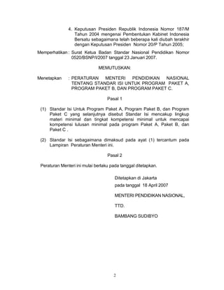 Permen no 14 tentang standar isi program kesetaraan paket b d c | PDF