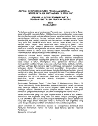 Permen no 14 tentang standar isi program kesetaraan paket b d c | PDF