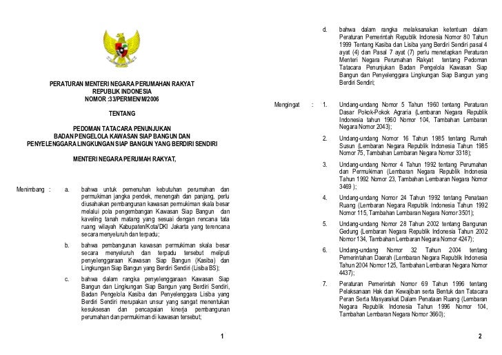 Permen Perumahan Rakyat No 33 Tahun 2006 Pedoman Tata Cara Penunjukan…