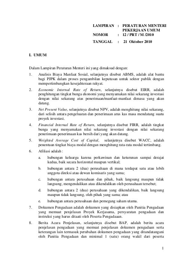 Permen PU Nomor 12 Tahun 2010 tentang Pedoman Kerjasama 