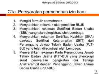 Hakcipta ASS/Genap 2012/2013
13
C1a. Persyaratan permohonan izin baru
1. Mengisi formulir permohonan
2. Menyerahkan rekaman akta pendirian BUJK
3. Menyerahkan rekaman Sertifikat Badan Usaha
(SBU) yang telah diregistrasi oleh Lembaga;
4. Menyerahkan rekaman Sertifikat Keahlian (SKA)
dan/atau Sertifikat Keterampilan tSKT) dari
Penanggung Jawab Teknik Badan Usaha (PJT-
BU) yang telah diregistrasi oleh Lembaga;
5. Menyerahkan rekaman Kartu Penanggung Jawab
Teknik Badan Usaha (PJT-BU) yang dilengkapi
surat pernyataan pengikatan diri Tenaga
Ahli/Terampil dengan Penanggung Jawab Utama
Badan Usaha (PJU-BU).
 