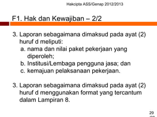 Hakcipta ASS/Genap 2012/2013
29
3. Laporan sebagaimana dimaksud pada ayat (2)
huruf d meliputi:
a. nama dan nilai paket pekerjaan yang
diperoleh;
b. Institusi/Lembaga pengguna jasa; dan
c. kemajuan pelaksanaan pekerjaan.
3. Laporan sebagaimana dimaksud pada ayat (2)
huruf d menggunakan format yang tercantum
dalam Lampiran 8.
F1. Hak dan Kewajiban – 2/2
 