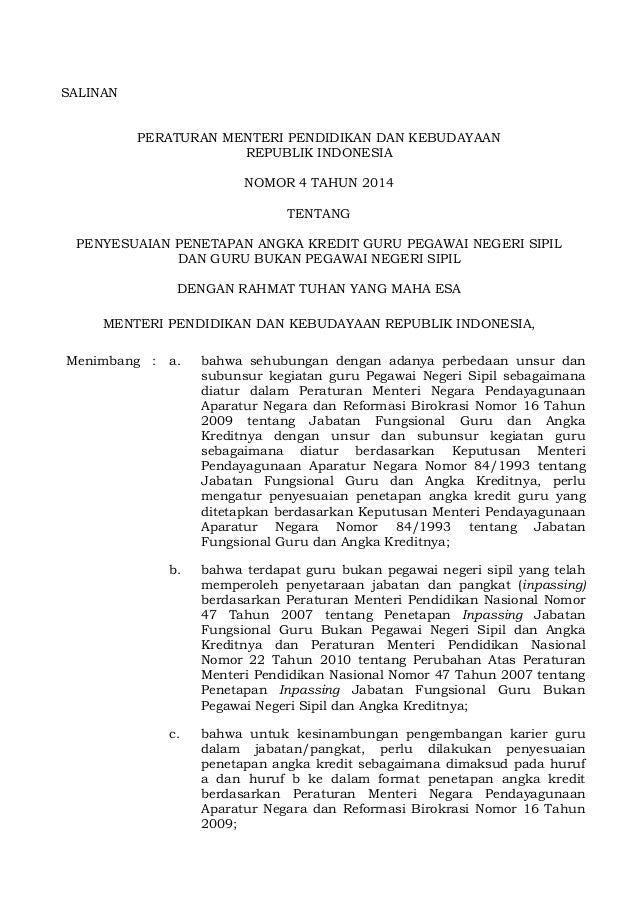 Permen Tahun2014 Nomor004 Penyesuaian Ak Guru Pns Non Pns
