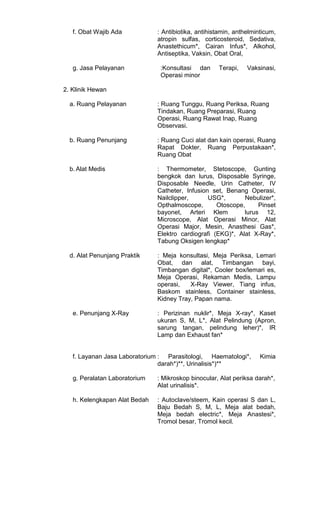 f. Obat Wajib Ada

g. Jasa Pelayanan

: Antibiotika, antihistamin, anthelminticum,
atropin sulfas, corticosteroid, Sedativa,
Anastethicum*, Cairan Infus*, Alkohol,
Antiseptika, Vaksin, Obat Oral,
:Konsultasi dan
Operasi minor

Terapi,

Vaksinasi,

2. Klinik Hewan
a. Ruang Pelayanan

: Ruang Tunggu, Ruang Periksa, Ruang
Tindakan, Ruang Preparasi, Ruang
Operasi, Ruang Rawat Inap, Ruang
Observasi.

b. Ruang Penunjang

: Ruang Cuci alat dan kain operasi, Ruang
Rapat Dokter, Ruang Perpustakaan*,
Ruang Obat

b. Alat Medis

: Thermometer, Stetoscope, Gunting
bengkok dan lurus, Disposable Syringe,
Disposable Needle, Urin Catheter, IV
Catheter, Infusion set, Benang Operasi,
Nailclipper,
USG*,
Nebulizer*,
Opthalmoscope,
Otoscope,
Pinset
bayonet, Arteri Klem
lurus 12,
Microscope, Alat Operasi Minor, Alat
Operasi Major, Mesin, Anasthesi Gas*,
Elektro cardiografi (EKG)*, Alat X-Ray*,
Tabung Oksigen lengkap*

d. Alat Penunjang Praktik

: Meja konsultasi, Meja Periksa, Lemari
Obat, dan alat, Timbangan bayi,
Timbangan digital*, Cooler box/lemari es,
Meja Operasi, Rekaman Medis, Lampu
operasi,
X-Ray Viewer, Tiang infus,
Baskom stainless, Container stainless,
Kidney Tray, Papan nama.

e. Penunjang X-Ray

: Perizinan nuklir*, Meja X-ray*, Kaset
ukuran S, M, L*, Alat Pelindung (Apron,
sarung tangan, pelindung leher)*, IR
Lamp dan Exhaust fan*

f. Layanan Jasa Laboratorium : Parasitologi, Haematologi*,
darah*)**, Urinalisis*)**

Kimia

g. Peralatan Laboratorium

: Mikroskop binocular, Alat periksa darah*,
Alat urinalisis*.

h. Kelengkapan Alat Bedah

: Autoclave/steem, Kain operasi S dan L,
Baju Bedah S, M, L, Meja alat bedah,
Meja bedah electric*, Meja Anastesi*,
Tromol besar, Tromol kecil.

 