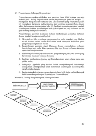 20
C. Pengembangan Gabungan Kelompoktani
Pengembangan gapoktan dilakukan agar gapoktan dapat lebih berdaya guna dan
berhasil guna. Ruang lingkup materi dalam pengembangan gapoktan meliputi (1)
peningkatan dan perluasan usahatani serta jenis usahatani yang berorientasi pasar;
(2) peningkatan kerjasama melalui jejaring dan kemitraan usahatani baik dengan
sektor hulu maupun dengan sektor hilir; (3) Fasilitasi penguatan gapoktan menjadi
kelembagaan ekonomi petani dengan basis poktan/gapoktan yang berbadan hukum
guna meningkatkan posisi tawarnya.
Pengembangan gapoktan dilakukan melalui pendampingan penyuluh pertanian
dengan langkah-langkah sebagai berikut:
1. Mengubah perilaku petani agar mengembangkan usaha produktif yang dikelola
secara bersama dalam satuan skala usaha untuk memenuhi kebutuhan pasar
yang menguntungkan dan efisien;
2. Pengembangan gapoktan dapat dilakukan dengan meningkatkan perluasan
fungsi-fungsi unit usaha dalam gapoktan, bisa juga dengan perluasan kapasitas
usaha dan/atau jenis usaha;
3. Pemberdayaan usaha pertanian melalui pengembangan jenis-jenis usaha yang
berorientasi pasar dan berskala ekonomi;
4. Fasilitasi pembentukan jejaring agribisnis/kemitraan antar pelaku utama dan
pelaku usaha;
5. Selanjutnya gapoktan yang berhasil dalam mengembangkan usahataninya
ditingkatkan kemampuannya untuk membentuk kelembagaan ekonomi petani
yang berbadan hukum;
6. Pembentukan kelembagaan ekonomi petani diatur lebih lanjut melalui Petunjuk
Pelaksanaan Pengembangan Kelembagaan Ekonomi Petani.
Gambar 3. Strategi Pengembangan Kelembagaan Petani
KELOMPOKTANI
GABUNGAN
KELOMPOKTANI
KELEMBAGAAN
EKONOMI PETANI
SOSIALISASI
KEBIJAKAN
PENUMBUHAN
KEPEDULIAN
MASYARAKAT
PENATAAN
KELEMBAGAAN
PENGUATAN
AKUNTABILITAS
KELEMBAGAAN
KELEMBAGAAN SISTEM
PERENCANAAN
PARTISIPATIF
PENGEMBANGAN
JARINGAN
PENGEMBANGAN
KEMAMPUAN ADVOKASII
KELEMBAGAAN
 