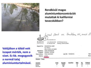 Rendkívül magas
alumíniumkoncentrációt
mutattak ki kaliforniai
tavacskákban?
Valójában a tóból vett
iszapot mérték, nem a
vizet. Ez kb. megegyezik
a normál talaj
alumíniumtartalmával.
 
