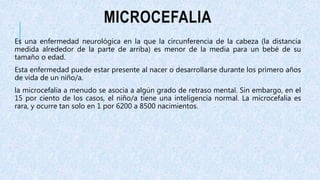MICROCEFALIA
Es una enfermedad neurológica en la que la circunferencia de la cabeza (la distancia
medida alrededor de la parte de arriba) es menor de la media para un bebé de su
tamaño o edad.
Esta enfermedad puede estar presente al nacer o desarrollarse durante los primero años
de vida de un niño/a.
la microcefalia a menudo se asocia a algún grado de retraso mental. Sin embargo, en el
15 por ciento de los casos, el niño/a tiene una inteligencia normal. La microcefalia es
rara, y ocurre tan solo en 1 por 6200 a 8500 nacimientos.
 