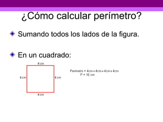 ¿Cómo calcular perímetro?
Sumando todos los lados de la figura.

En un cuadrado:
 