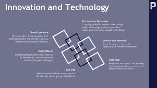 Innovation and Technology
Science and Research
Scientific research forms the
backbone of Permeva innovation.
Market Needs
Understanding market needs allow us
at Permeva to continue innovate
solutions for new challenges.
Lab Tests
New innovated solutions are tested in
the labs first before going to field tests.
Cutting Edge Technology
Coupling scientific research with cutting
edge technology produces excellent
results and impressive impact in the fields.
Team Experience
Permeva team deep expertise and
understanding of the animal feed and
nutrition leads company mission.
Field Tests
Field tests are conducted in newly
introduced products to conform its
effectiveness and safety.
 