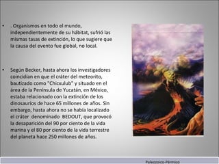 . Organismos en todo el mundo, independientemente de su hábitat, sufrió las mismas tasas de extinción, lo que sugiere que la causa del evento fue global, no local. Según Becker, hasta ahora los investigadores coincidían en que el cráter del meteorito, bautizado como "Chicxulub" y situado en el área de la Península de Yucatán, en México, estaba relacionado con la extinción de los dinosaurios de hace 65 millones de años. Sin embargo, hasta ahora no se había localizado el cráter  denominado  BEDOUT, que provocó la desaparición del 90 por ciento de la vida marina y el 80 por ciento de la vida terrestre del planeta hace 250 millones de años.  Paleozoico-Pérmico 