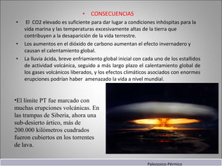 CONSECUENCIAS El  CO2 elevado es suficiente para dar lugar a condiciones inhóspitas para la vida marina y las temperaturas excesivamente altas de la tierra que contribuyen a la desaparición de la vida terrestre. Los aumentos en el dióxido de carbono aumentan el efecto invernadero y causan el calentamiento global. La lluvia ácida, breve enfriamiento global inicial con cada uno de los estallidos de actividad volcánica, seguido a más largo plazo el calentamiento global de los gases volcánicos liberados, y los efectos climáticos asociados con enormes erupciones podrían haber  amenazado la vida a nivel mundial. El límite PT fue marcado con muchas erupciones volcánicas. En las trampas de Siberia, ahora una sub-desierto ártico, más de 200.000 kilómetros cuadrados fueron cubiertos en los torrentes de lava. Paleozoico-Pérmico 