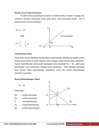 Bentuk Umum Fungsi Penawaran:
                  Di dalam bentuk persamaan di bawah ini terlihat bahwa variable P (harga) dan
           variable Q (jumlah) mempunyai tanda yang sama, yaitu sama-sama positif.      Hal ini
           mencerminkan hukum penawaran.


                                                   P
               Q=a– bP


                  atau                                            kurva penawaran


                 a       1
                                                       a/b
               P=— -     — Q
                 b        b
                                             -a        0                       Q


           Keseimbangan Pasar:

           Pasar suatu macam dikatakan berada dalam keseimbangan (equilibrium) apabila jumlah
           barang yang diminta di pasar tersebut sama dengan jumlah barang yang ditawarkan.
           Secara matematis dan secara grafis ditunjukkan oleh persamaan Qd = Qs , yakni pada
           perpotongan kurva permintaan dengan kurva penawaran.       Pada keadaan seimbang
           akan tercipta harga keseimbangan (equilibrium price) dan jumlah keseimbangan
           (equilibrium quantity).


           Rumus Keseimbangan Pasar:
                                                       P
                 Qd = Qs
                                                                          Qs
           Keterangan:
                                                              E
           Qd     : jumlah permintaan             Pe
           Qs     : jumlah penawaran
           E      : titik keseimbangan                                       Qd
           Pe     : harga keseimbangan            0          Qe                     Q
           Qe     : jumlah keseimbangan




PUSAT PENGEMBANGAN BAHAN AJAR- UMB                Luna Haningsih SE.ME.   MATEMATIKA EKONOMI      2
 