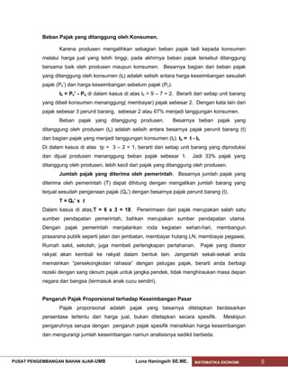 Beban Pajak yang ditanggung oleh Konsumen.

                  Karena produsen mengalihkan sebagian beban pajak tadi kepada konsumen
           melalui harga jual yang lebih tinggi, pada akhirnya beban pajak tersebut ditanggung
           bersama baik oleh produsen maupun konsumen. Besarnya bagian dari beban pajak
           yang ditanggung oleh konsumen (tk) adalah selisih antara harga keseimbangan sesudah
           pajak (Pe’) dan harga keseimbangan sebelum pajak (Pe).
                  tk = Pe’ - Pe, di dalam kasus di atas t k = 9 – 7 = 2. Berarti dari setiap unit barang
           yang dibeli konsumen menanggung( membayar) pajak sebesar 2. Dengan kata lain dari
           pajak sebesar 3 perunit barang, sebesar 2 atau 67% menjadi tanggungan konsumen.
                  Beban pajak yang ditanggung produsen.               Besarnya beban pajak yang
           ditanggung oleh produsen (tp) adalah selisih antara besarnya pajak perunit barang (t)
           dan bagian pajak yang menjadi tanggungan konsumen (tk). tp = t - tk.
           Di dalam kasus di atas tp = 3 – 2 = 1, berarti dari setiap unit barang yang diproduksi
           dan dijual produsen menanggung beban pajak sebesar 1.               Jadi 33% pajak yang
           ditanggung oleh produsen, lebih kecil dari pajak yang ditanggung oleh produsen.
                  Jumlah pajak yang diterima oleh pemerintah. Besarnya jumlah pajak yang
           diterima oleh pemerintah (T) dapat dihitung dengan mengalikan jumlah barang yang
           terjual sesudah pengenaan pajak (Qe’) dengan besarnya pajak perunit barang (t).
                  T = Qe’ x t
           Dalam kasus di atas,T = 6 x 3 = 18. Penerimaan dari pajak merupakan salah satu
           sumber pendapatan pemerintah, bahkan merupakan sumber pendapatan utama.
           Dengan pajak pemerintah menjalankan roda kegiatan sehari-hari, membangun
           prasarana publik seperti jalan dan jembatan, membayar hutang LN, membiayai pegawai,
           Rumah sakit, sekolah, juga membeli perlengkapan pertahanan.             Pajak yang disetor
           rakyat akan kembali ke rakyat dalam bentuk lain. Janganlah sekali-sekali anda
           memainkan ”persekongkolan rahasia” dengan petugas pajak, berarti anda berbagi
           rezeki dengan sang oknum pajak untuk jangka pendek, tidak menghiraukan masa depan
           negara dan bangsa (termasuk anak cucu sendiri).


           Pengaruh Pajak Proporsional terhadap Keseimbangan Pasar
                  Pajak proporsional adalah pajak yang besarnya ditetapkan berdasarkan
           persentase tertentu dari harga jual, bukan ditetapkan secara spesifik.            Meskipun
           pengaruhnya serupa dengan pengaruh pajak spesifik menaikkan harga keseimbangan
           dan mengurangi jumlah keseimbangan namun analisisnya sedikit berbeda.




PUSAT PENGEMBANGAN BAHAN AJAR- UMB                   Luna Haningsih SE.ME.      MATEMATIKA EKONOMI         5
 