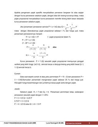 Apabila pengenaan pajak spesifik menyebabkan penwaran bergeser ke atas sejajar
           dengan kurva penawaran sebelum pajak, dengan kata lain lereng kurvanya tetap, maka
           pajak proposional menyebabkan kurva penawaran memiliki lereng lebih besar daripada
           kurva penawaran sebelum pajak.
                                                                       a    1
                Jika persamaan penawaran semula P = a + bQ atau Q = - ___ + ____ P
                                                                     b     b
           maka dengan dikenakannya pajak proposional sebesar t % dari harga jual, maka
           persamaan penawarannya menjadi :
                           P = a + bQ + t P           t : pajak proposional dalam %
                      P – t P = a + bQ
                      (1 - t)P = a + bQ
                                     a         b
                             P = _______ + _______ Q          atau
                                 (1–t)     (1- t)

                                   a     (1–t)
                           Q = - ____ + _______ P
                                   b        b

                    Kurva penawaran P = f (Q) sesudah pajak proposional mempunyai penggal
           vertikal yang lebih tinggi [a/(1-t)] , semula hanya a danjuga lereng yang lebih besar [b / (
           1- t)] semula hanya b.


           Contoh:
                    Data soal seperti contoh di atas,yaitu permintaan P = 15 – Q dan penawaran P =
           3 + 0.5Q.Kemudian pemerintah mengenakan pajak sebesar 25 % dari harga jual.
           Hitunglah harga keseimbangan dan jumlahnya tanpa pajak serta dengan pajak.


           Jawab:
                    Sebelum pajak Pe = 7 dan Qe = 8, Persamaan permintaan tetap, sedangkan
           penawaran sesudah pajak dengan t = 25%:
           P = 3 + 0.5 Q + 0.25 P
           0.75 P = 3 + 0.5 Q
           P = 4 + 2/3 Q atau Q = -6 + 1.5 P




PUSAT PENGEMBANGAN BAHAN AJAR- UMB                   Luna Haningsih SE.ME.     MATEMATIKA EKONOMI         6
 
