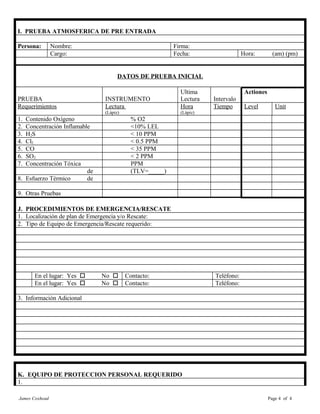 I. PRUEBA ATMOSFERICA DE PRE ENTRADA
Persona: Nombre: Firma:
Cargo: Fecha: Hora: (am) (pm)
DATOS DE PRUEBA INICIAL
PRUEBA INSTRUMENTO
Ultima
Lectura Intervalo
Actiones
Requerimientos Lectura
(Lápiz)
Hora
(Lápiz)
Tiempo Level Unit
1. Contenido Oxígeno % O2
2. Concentración Inflamable <10% LEL
3. H2S < 10 PPM
4. Cl2 < 0.5 PPM
5. CO < 35 PPM
6. SO2 < 2 PPM
7. Concentración Tóxica PPM
de (TLV=_____)
8. Esfuerzo Térmico de
9. Otras Pruebas
J. PROCEDIMIENTOS DE EMERGENCIA/RESCATE
1. Localización de plan de Emergencia y/o Rescate:
2. Tipo de Equipo de Emergencia/Rescate requerido:
En el lugar: Yes o No o Contacto: Teléfono:
En el lugar: Yes o No o Contacto: Teléfono:
3. Información Adicional
K. EQUIPO DE PROTECCION PERSONAL REQUERIDO
1.
James Coxhead Page 4 of 4
 