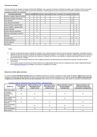 Permisos de carpeta

Entre los permisos de carpeta se incluyen Control total, Modificar, Leer y ejecutar, Enumerar contenido de carpeta, Leer y Escribir. Cada uno de estos
permisos se compone de un grupo lógico de permisos especiales. La tabla siguiente enumera cada permiso de carpeta y especifica los permisos
especiales asociados con el permiso.
         Permisos especiales           Control total Modificar Leer y ejecutar Enumerar contenido de carpeta Leer Escribir
Recorrer carpeta o ejecutar archivo          x            x             x                      x
Enumerar carpeta o leer datos                x            x             x                      x                    x
Leer atributos                               x            x             x                      x                    x
Leer atributos extendidos                    x            x             x                      x                    x
Crear archivos o escribir datos              x            x                                                                x
Crear carpetas o agregar datos               x            x                                                                x
Escribir atributos                           x            x                                                                x
Escribir atributos extendidos                x            x                                                                x
Eliminar subcarpetas y archivos              x
Eliminar                                     x            x
Leer permisos                                x            x             x                      x                    x      x
Cambiar permisos                             x
Tomar posesión                               x
Sincronizar                                  x            x             x                      x                    x      x


         Notas


     •      Aunque los permisos Enumerar contenido de carpeta y Leer y ejecutar parecen tener los mismos permisos especiales, se heredan de forma
            diferente. El permiso Enumerar contenido de carpeta lo heredan las carpetas y no lo heredan los archivos, y debería aparecer sólo cuando se
            ven los permisos de carpeta. El permiso Leer y ejecutar lo heredan los archivos y las carpetas, y siempre está presente cuando se ven los
            permisos de archivo o carpeta.
     •      Para obtener más información acerca de cómo configurar permisos y las descripciones de cada permiso especial, consulte los temas
            relacionados.
     •      Los usuarios y grupos con permiso de Control total de una unidad pueden eliminar archivos y carpetas de esa unidad, independientemente
            de los permisos de acceso que protegen a los archivos y carpetas de la unidad.




Seleccionar dónde aplicar permisos

El cuadro de diálogo Entrada de permiso aparece al establecer permisos en archivos y carpetas. En este cuadro de diálogo, Aplicar en enumera las
ubicaciones donde puede aplicar permisos. El modo en que se aplican estos permisos depende de si la casilla de verificación Aplicar estos permisos
a objetos y/o contenedores sólo dentro de este contenedor está activada. De forma predeterminada, esta casilla de verificación está desactivada.


         Cuando la casilla de verificación Aplicar estos permisos....está desactivada.
                      Aplica permisos      Aplica permisos a las       Aplica permisos a    Aplica permisos a todas        Aplica permisos a los
    Aplicar en          a la carpeta        subcarpetas de la          los archivos de la       las subcarpetas            archivos de todas las
                           actual              carpeta actual            carpeta actual          subsiguientes           subcarpetas subsiguientes
Sólo esta carpeta             x
La carpeta,
subcarpetas y                 x                       x                         x                      x                              x
archivos
Esta carpeta y sus
                              x                       x                                                x
subcarpetas
Esta carpeta y sus
                              x                                                 x                                                     x
archivos
Sólo subcarpetas
                                                      x                         x                      x                              x
y archivos
Sólo subcarpetas                                      x                                                x
Sólo archivos                                                                   x                                                     x
 