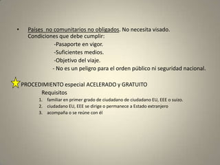 •     Países no comunitarios no obligados. No necesita visado.
      Condiciones que debe cumplir:
                -Pasaporte en vigor.
                -Suficientes medios.
                -Objetivo del viaje.
               - No es un peligro para el orden público ni seguridad nacional.

    PROCEDIMIENTO especial ACELERADO y GRATUITO
          Requisitos
          1. familiar en primer grado de ciudadano de ciudadano EU, EEE o suizo.
          2. ciudadano EU, EEE se dirige o permanece a Estado extranjero
          3. acompaña o se reúne con él
 