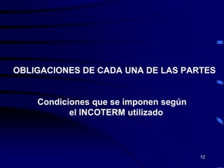 OBLIGACIONES DE CADA UNA DE LAS PARTES


    Condiciones que se imponen según
           el INCOTERM utilizado



                                       12
 