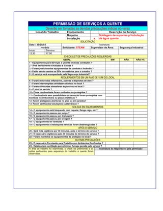 PERMISSÃO DE SERVIÇOS A QUENTE
Deverão ser tomadas as devidas precauções indicas no verso
Local do Trabalho Equipamento Descrição do Serviço
Máquina Soldagem de suportes p/ tubulação
de água quente.Instalação x
SOLICITAÇÃO
Data : 30/05/03 Assinaturas
Horário Solicitante: STEAM Supervisor de Área: Segurança Industrial
Início Término
12:30 17:00
CHECK LIST DE PRECAUÇÕES REQUERIDAS
GERAL SIM NÃO NÃO HÁ
1 - Equipamento para Serviços a Quente em boas condições ?
2 - Área devidamente sinalizada e isolada ?
3 - Foram posicionados equipamentos de combate a incêndio ?
4 - Estão sendo usados os EPIs necessários para o trabalho ?
5 - O serviço será acompanhado pela Segurança Industrial ?
REQUERIMENTOS EM UM RAIO DE 10 M DO LOCAL
6 - Foram removidos inflamáveis, poeiras e depósitos de óleo ?
7 - Foram interrompidas atividades de risco no local ?
8 - Foram eliminadas atmosferas explosivas no local ?
9 - O piso foi varrido ?
10 - Pisos combustíveis foram molhados ou protegidos ?
11 - Combustíveis sem possibilidade de remoção foram protegidos com
biombos incombustíveis ou placas metálicas ?
12. Foram protegidas aberturas no piso ou em paredes?
13. Foram verificadas tubulações subterrâneas ?
SOLDAS EM EQUIPAMENTOS
14 - O equipamento está bloqueado com raquete, flange cego, etc.?
15 - O equipamento passou por purga ?
16 - O equipamento passou por drenagem ?
17 - O equipamento passou por lavagem ?
18 - O equipamento foi ventilado ?
19 - O equipamento e instalações elétricas foram desenergizadas ?
APÓS O SERVIÇO
20 - Será feita vigilância por 30 minutos, após o término do serviço ?
21 - É necessária vigilância após 30 minutos do término do serviço ?
22 - Foram mantidos os equipamentos de proteção no local ?
OUTRAS PRECAUÇÕES
23 - É necessária Permissão para Trabalhos em Ambientes Confinados ?
24 - Existe ampla ventilação para eliminar fumaça gerada pelo serviço ?
A área de trabalho foi examinada, o check list preenchido e as
ações pertinentes para segurança do trabalho a quente foram
observadas.
Assinatura do responsável pela permissão
 