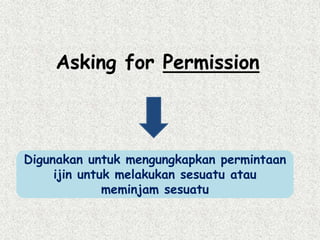 Asking for Permission
Digunakan untuk mengungkapkan permintaan
ijin untuk melakukan sesuatu atau
meminjam sesuatu
 