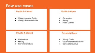 Few use cases
Public & Closed
Private & Closed
Public & Open
Private & Open
● Voting - general Public
● Voting records- Officials
● Consortium
● Military
● Government/ Law
● Currencies
● Betting
● Video Games
● Supply Chain
● Government financial info
● Corporate revenue
 