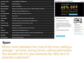 Spam
Where most marketers live most of the time: calling a
stranger - at home, during dinner, without permission.
You wouldn't do it in your personal life. Why do it to
potential customers?
 