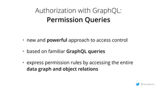 Authorization with GraphQL:
Permission Queries
@nikolasburk
• new and powerful approach to access control
• based on familiar GraphQL queries
• express permission rules by accessing the entire
data graph and object relations
 