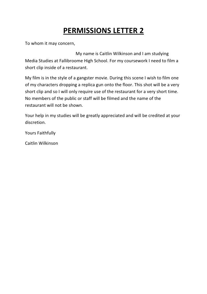 PERMISSIONS LETTER 2 To whom it may concern, My name is Caitlin ...