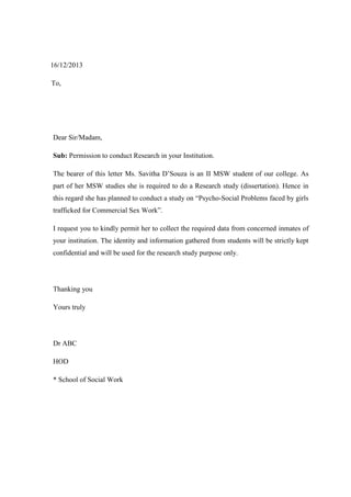 Permitting Lettering Permition letters for Dissertation & Term Paper | DOCX