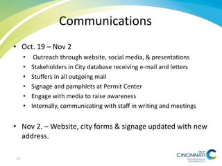 Communications
• Oct. 19 – Nov 2
• Outreach through website, social media, & presentations
• Stakeholders in City database receiving e-mail and letters
• Stuffers in all outgoing mail
• Signage and pamphlets at Permit Center
• Engage with media to raise awareness
• Internally, communicating with staff in writing and meetings
• Nov 2. – Website, city forms & signage updated with new
address.
13
 