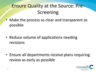• Make the process as clear and transparent as
possible
• Reduce volume of applications needing
revisions
• Ensure all departments receive plans requiring
review as early as possible
Ensure Quality at the Source: Pre-
Screening
25
 