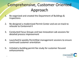 Comprehensive, Customer Oriented
Approach
1. Re-organized and created the Department of Buildings &
Inspections
2. Re-designed a modernized Permit Center and are on track to
relocate to Centennial II
3. Conducted Focus Groups and two Innovation Lab sessions for
detailed process improvement
4. Launched bi-weekly PermitStat management sessions to ensure
continued customer orientation
5. Initiated a building permit fee study for customer focused
enhancements
3
 