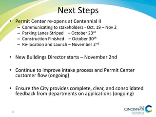Next Steps
• Permit Center re-opens at Centennial II
– Communicating to stakeholders - Oct. 19 – Nov 2
– Parking Lanes Striped – October 23rd
– Construction Finished – October 30th
– Re-location and Launch – November 2nd
• New Buildings Director starts – November 2nd
• Continue to improve intake process and Permit Center
customer flow (ongoing)
• Ensure the City provides complete, clear, and consolidated
feedback from departments on applications (ongoing)
32
 