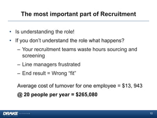 The most important part of Recruitment

• Is understanding the role!
• If you don’t understand the role what happens?
   –...