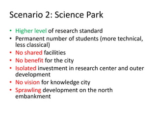 Scenario 2: Science Park
• Higher level of research standard
• Permanent number of students (more technical,
  less classical)
• No shared facilities
• No benefit for the city
• Isolated investment in research center and outer
  development
• No vision for knowledge city
• Sprawling development on the north
  embankment
 