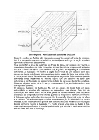 ILUSTRAÇÃO 9 – AQUECEDOR DE CORRENTE CRUZADA
Caso 3 – ambos os fluidos são misturados enquanto escoam através do trocador,
isto é, a temperatura de ambos os fluidos será uniforme ao longo da seção e variará
apenas na direção do escoamento.
Para aumentar a área da superfície de troca de calor, por unidade de volume, a
maioria dos trocadores de calor comerciais apresenta mais de um passe através dos
tubos e, o fluido que escoa por fora dos tubos, é guiado em ziguezague por meio de
defletores. A Ilustração 10 mostra a seção transversal de um trocador com dois
passes de tubos e defletores transversais no único passe do fluido que escoa entre
a carcaça e os tubos. Os defletores são do tipo de segmento. Este e outros tipos de
defletores estão mostrados na mesma figura. Em um trocador de calor com
defletores, a configuração do escoamento do lado da carcaça é bastante complexa.
Como se vê pelas setas, parte do tempo o escoamento é perpendicular ao tubo e na
outra parte é paralelo.
O trocador, ilustrado na Ilustração 10, tem as placas de tubos fixos em cada
extremidade e aqueles são soldados ou expandidos nas placas. Este tipo de
construção tem menor custo inicial, mas, pode ser usado somente para pequenas
diferenças de temperatura entre o fluido quente e o frio porque, nenhum provimento
é feito para evitar as tensões térmicas devido à expansão diferencial entre os tubos
e a carcaça. Outra desvantagem consiste em não remoção do feixe de tubos para a
limpeza. Estes inconvenientes podem ser contornados pela modificação do projeto
básico conforme mostra a Ilustração 11. Neste arranjo uma placa de tubos é fixa,
mas a outra é aparafusada a uma tampa flutuante que permite o movimento relativo
entre o feixe de tubos e a carcaça.
 