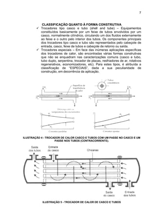 7
CLASSIFICAÇÃO QUANTO À FORMA CONSTRUTIVA
 Trocadores tipo casco e tubo (shell and tube) – Equipamentos
constituídos basicamente por um feixe de tubos envolvidos por um
casco, normalmente cilíndrico, circulando um dos fluidos externamente
ao feixe e o outro pelo interior dos tubos. Os componentes principais
dos trocadores tipo casco e tubo são representados pelo cabeçote de
entrada, casco, feixe de tubos e cabeçote de retorno ou saída.
 Trocadores especiais – Em face das inúmeras aplicações específicas
dos trocadores de calor, são encontradas várias formas construtivas
que não se enquadram nas caracterizações comuns (casco e tubo,
tubo duplo, serpentina, trocador de placas, resfriadores de ar, rotativos
regenerativos, economizadores, etc). Para estes tipos, é atribuída a
classificação de “ESPECIAIS”, dada a sua peculiaridade de
construção, em decorrência da aplicação.
ILUSTRAÇÃO 4 - TROCADOR DE CALOR CASCO E TUBOS COM UM PASSE NO CASCO E UM
PASSE NOS TUBOS (CONTRACORRENTE).
ILUSTRAÇÃO 5 - TROCADOR DE CALOR DE CASCO E TUBOS
 