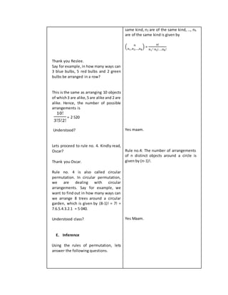 Thank you Reslee.
Say for example, in how many ways can
3 blue bulbs, 5 red bulbs and 2 green
bulbs be arranged in a row?
This is the same as arranging 10 objects
of which3 are alike,5 are alike and 2 are
alike. Hence, the number of possible
arrangements is
10!
3!5!2!
= 2 520
Understood?
Lets proceed to rule no. 4. Kindly read,
Oscar?
Thank you Oscar.
Rule no. 4 is also called circular
permutation. In circular permutation,
we are dealing with circular
arrangements. Say for example, we
want to find out in how many ways can
we arrange 8 trees around a circular
garden, which is given by (8-1)! = 7! =
7.6.5.4.3.2.1 = 5 040.
Understood class?
E. Inference
Using the rules of permutation, lets
answer the following questions.
same kind, n2 are of the same kind, …, nk
are of the same kind is given by
( 𝑛
𝑛1 ,𝑛2,…,𝑛 𝑘
) =
𝑛!
𝑛1 ! 𝑛2!.….𝑛 𝑘!
Yes maam.
Rule no.4: The number of arrangements
of n distinct objects around a circle is
given by (n-1)!.
Yes Maam.
 