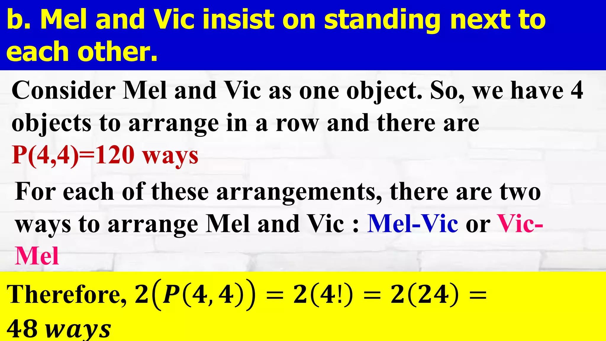 b. Mel and Vic insist on standing next to
each other.
Consider Mel and Vic as one object. So, we have 4
objects to arrange in a row and there are
P(4,4)=120 ways
For each of these arrangements, there are two
ways to arrange Mel and Vic : Mel-Vic or Vic-
Mel
Therefore, 𝟐 𝑷 𝟒, 𝟒 = 𝟐 𝟒! = 𝟐 𝟐𝟒 =
𝟒𝟖 𝒘𝒂𝒚𝒔
 