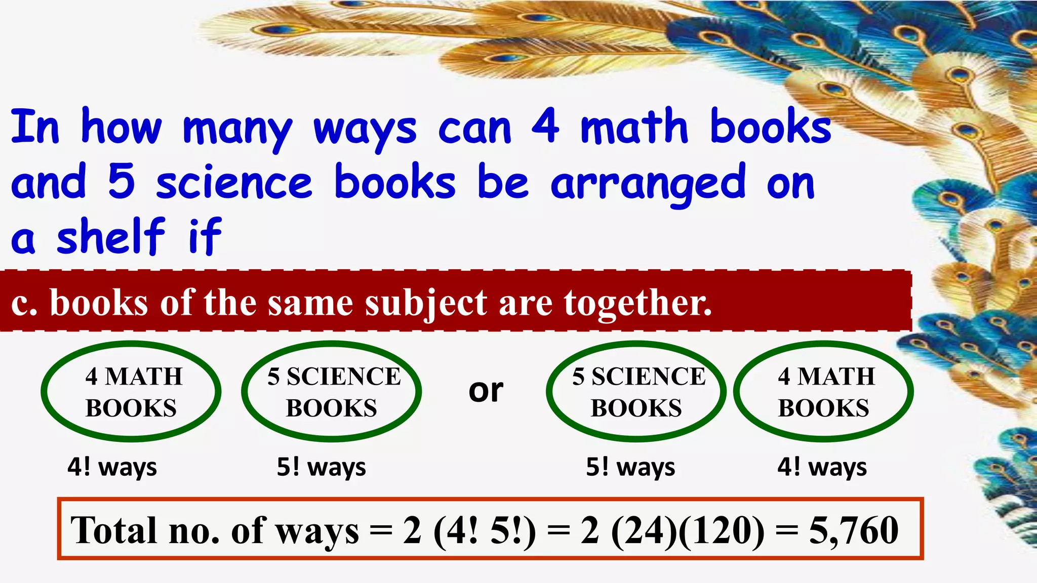 In how many ways can 4 math books
and 5 science books be arranged on
a shelf if
c. books of the same subject are together.
4 MATH
BOOKS
5 SCIENCE
BOOKS
4! ways 5! ways
5 SCIENCE
BOOKS
4 MATH
BOOKS
or
5! ways 4! ways
Total no. of ways = 2 (4! 5!) = 2 (24)(120) = 5,760
 