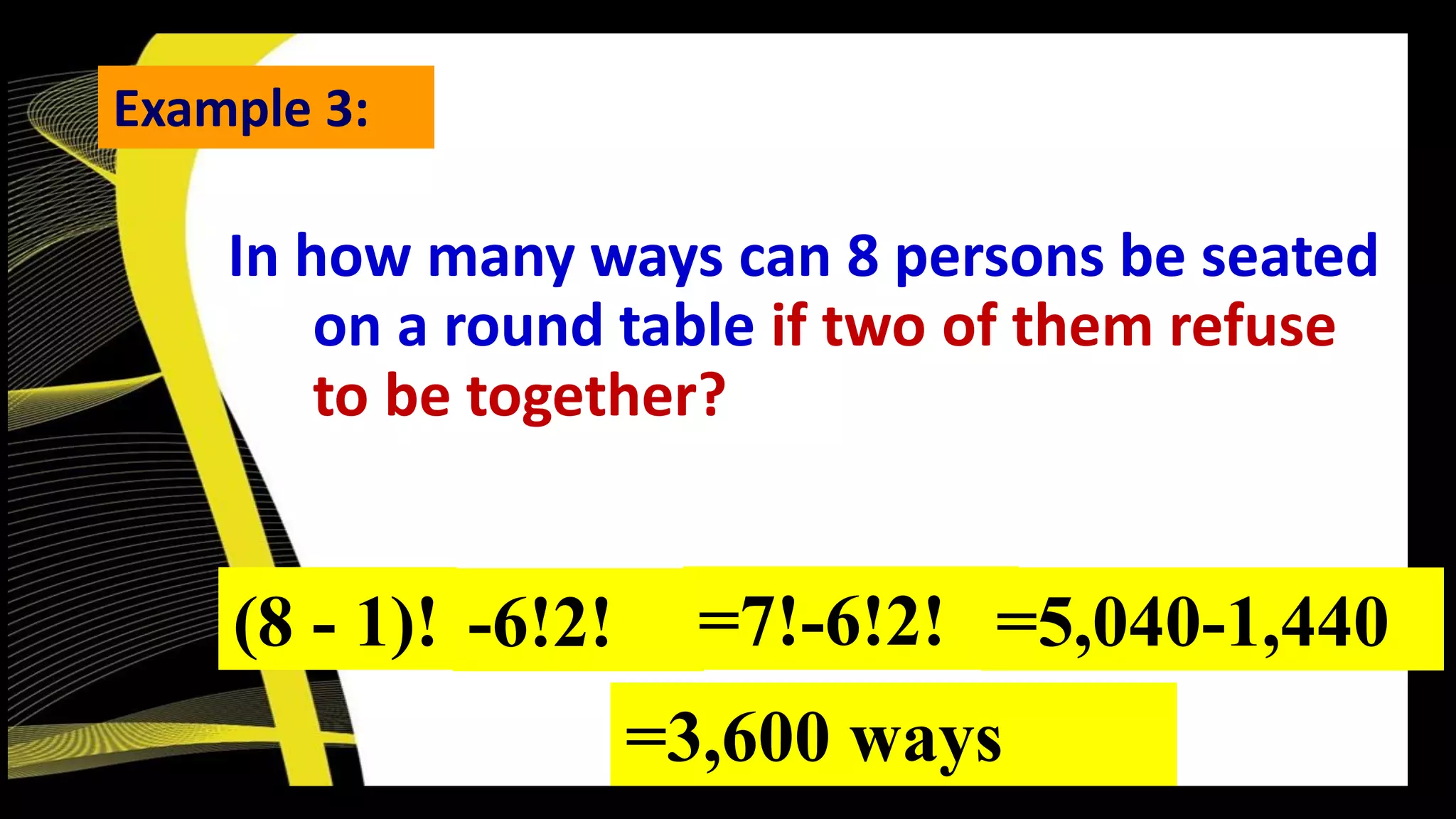 Example 3:
(8 - 1)! -6!2! =7!-6!2!
In how many ways can 8 persons be seated
on a round table if two of them refuse
to be together?
=5,040-1,440
=3,600 ways
 