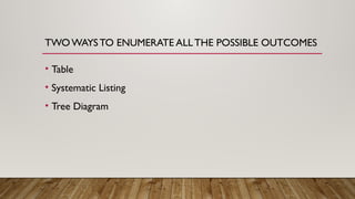TWO WAYSTO ENUMERATE ALLTHE POSSIBLE OUTCOMES
• Table
• Systematic Listing
• Tree Diagram
 